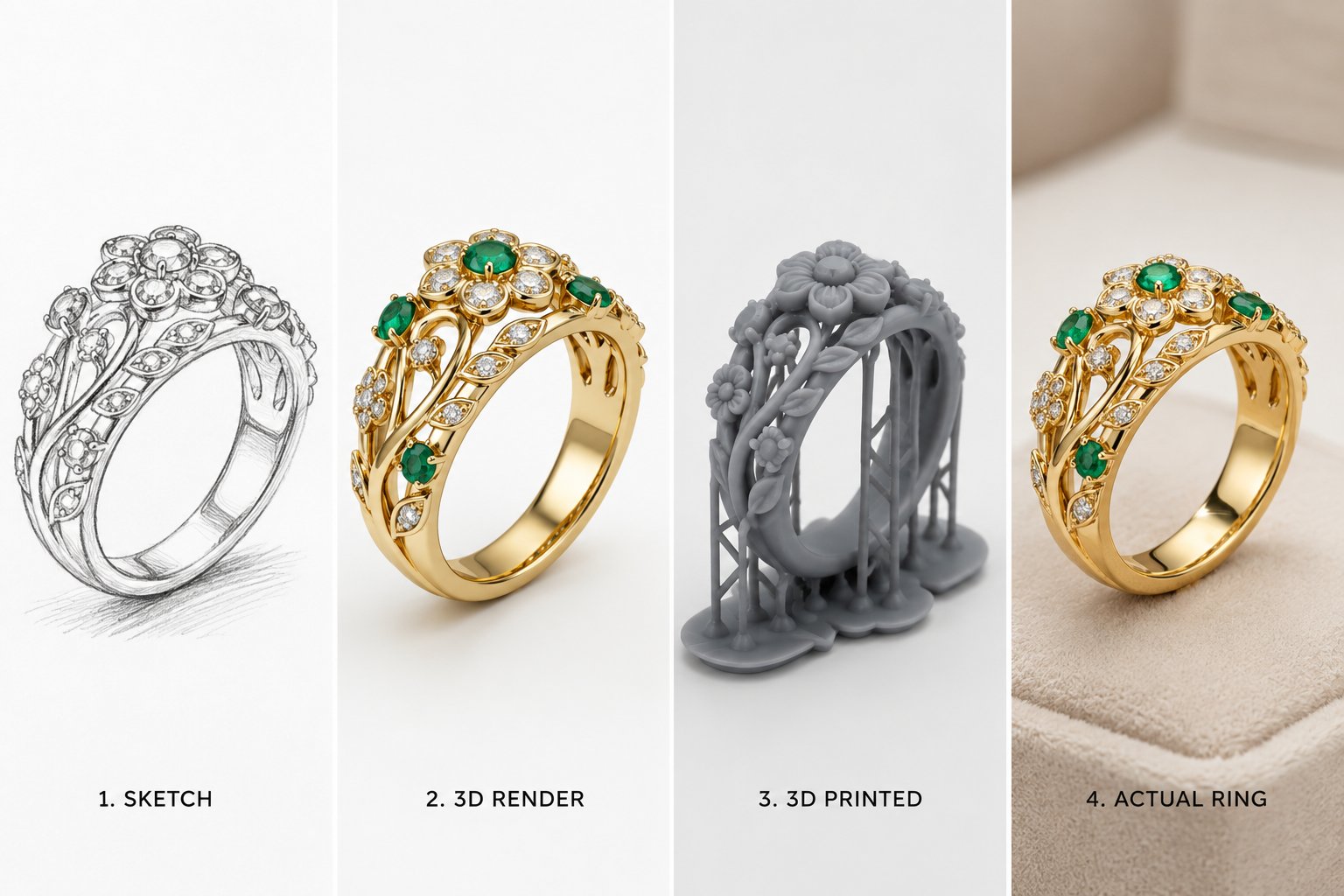 From sketch to 3D render to 3D printed prototype to actual finished ring
