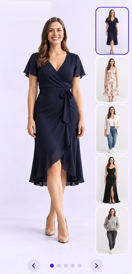 A woman in a navy wrap dress, with outfit thumbnails to try different looks